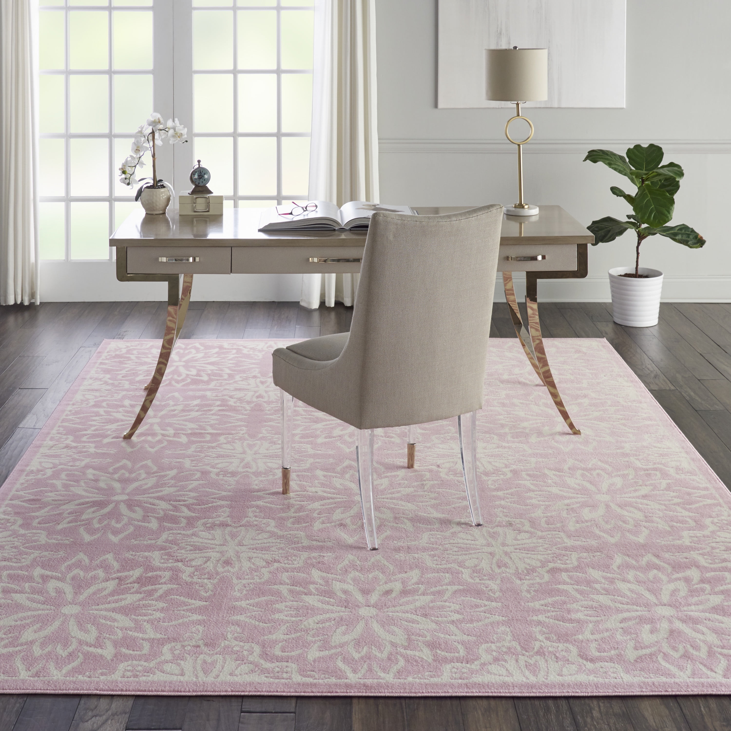 Ivory and Pink Floral Synthetic 8' x 10' Rectangular Rug