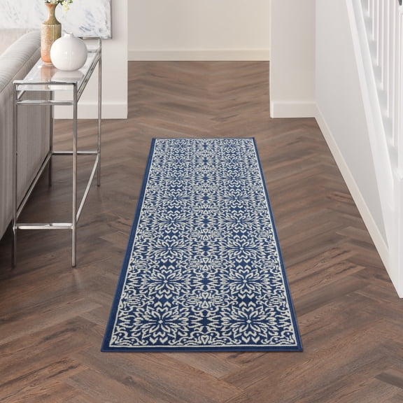 Nourison Jubilant Geometric Floral Navy/Ivory 2'3" x 7'3" Area Rug, (7' Runner)