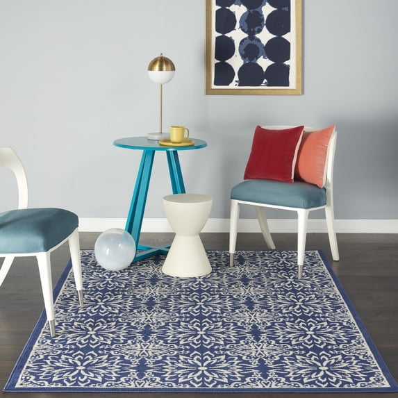 Nourison Jubilant Geometric Floral Navy/Ivory 4' x 6' Area Rug, (4' x 6')
