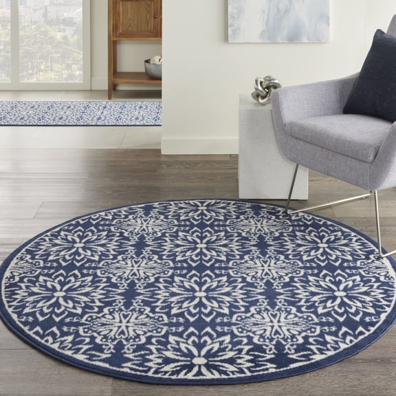 Nourison Jubilant Geometric Floral Navy/Ivory 5'3" x round Area Rug, (5' Round)