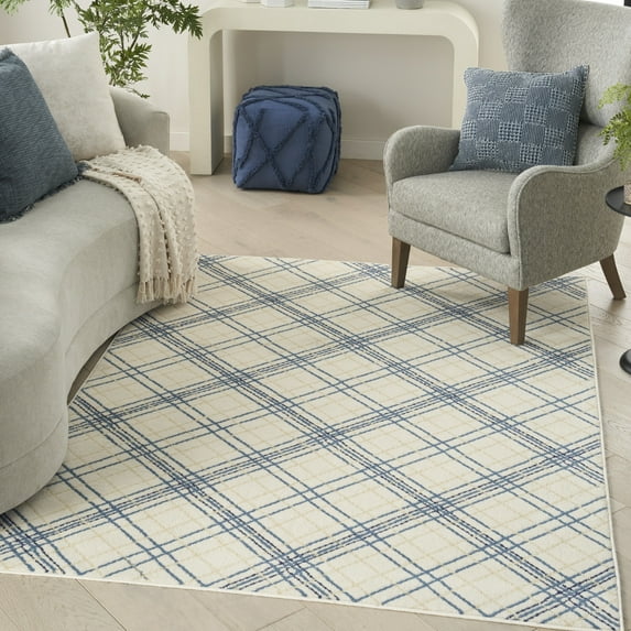 Nourison Jubilant Plaid Ivory/Navy 5'3" x 7'3" Area Rug (5x7)
