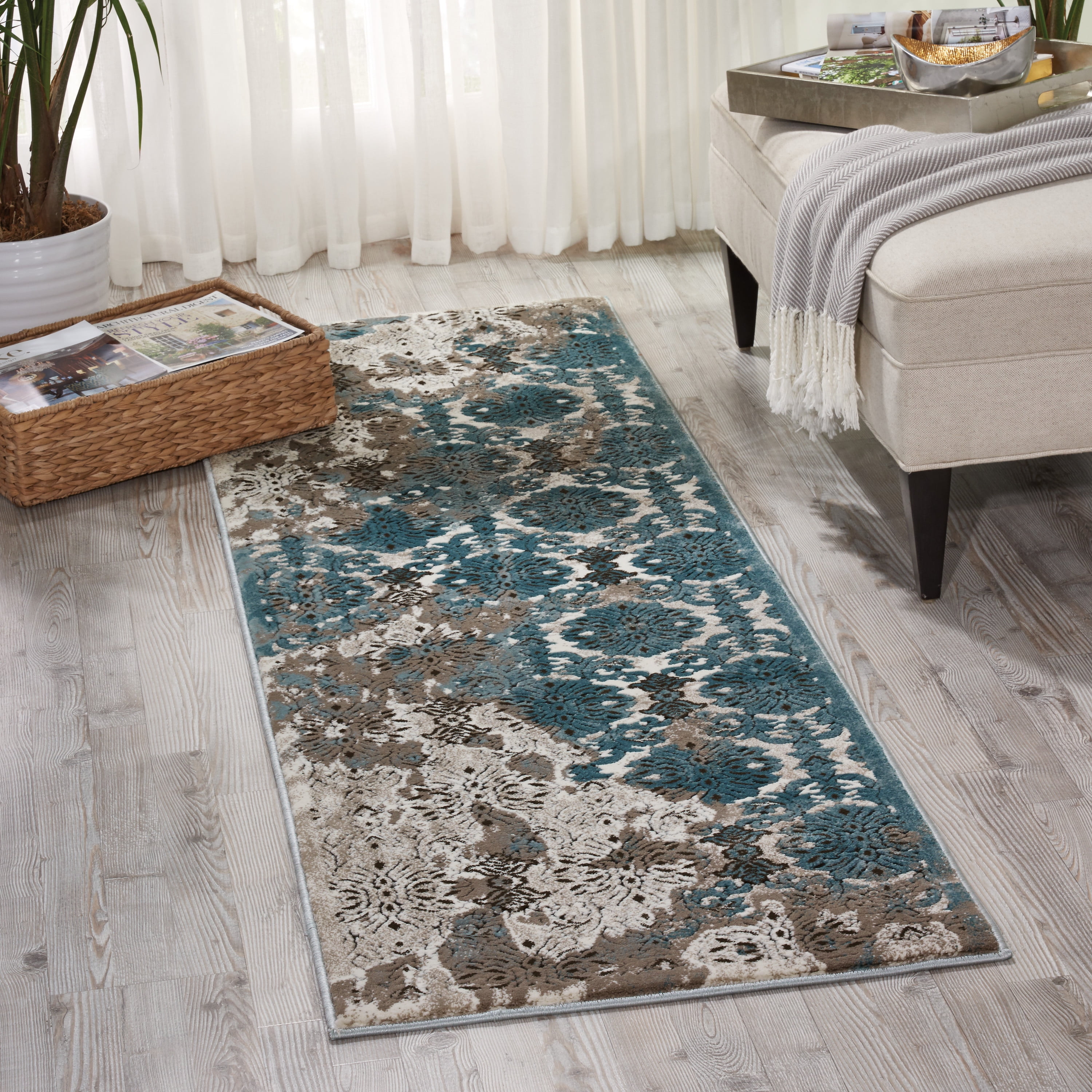 Elysian Bliss Blue Floral Handmade Synthetic Area Rug - 26"x7"