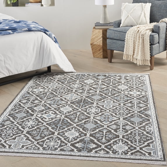 Nourison Lennox Transitional Farmhouse Charcoal/Ivory/Blue 5'3" x 7'3" Area Rug, (5' x 7')