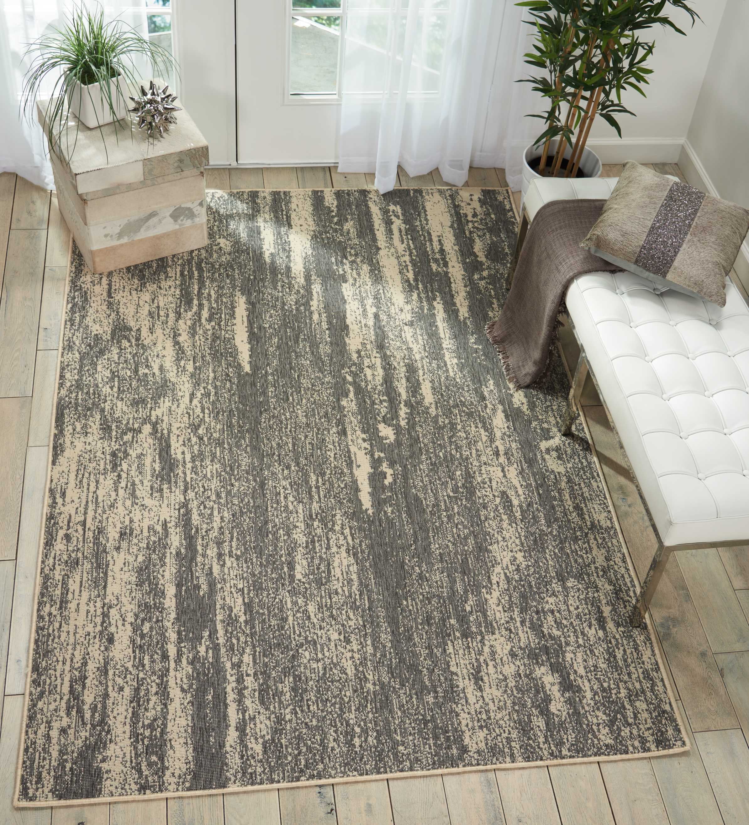 Grey and Cream Abstract Synthetic Rectangular Rug