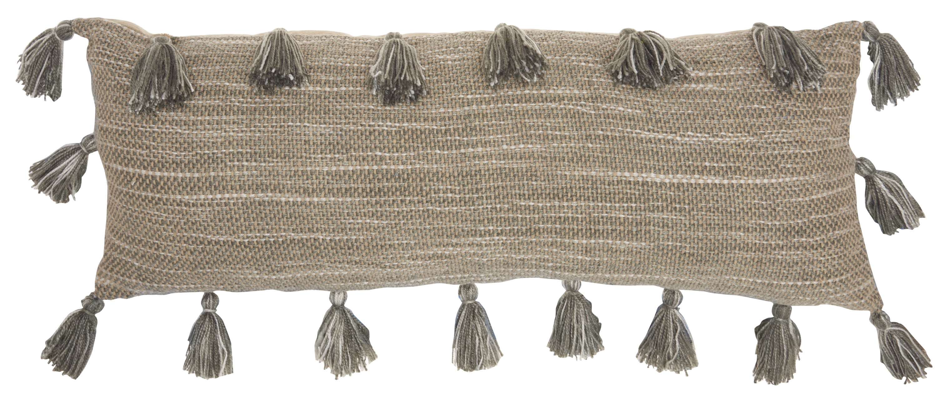 Charcoal Gray Linen-Textured Lumbar Throw Pillow with Tassels, 13"x33"