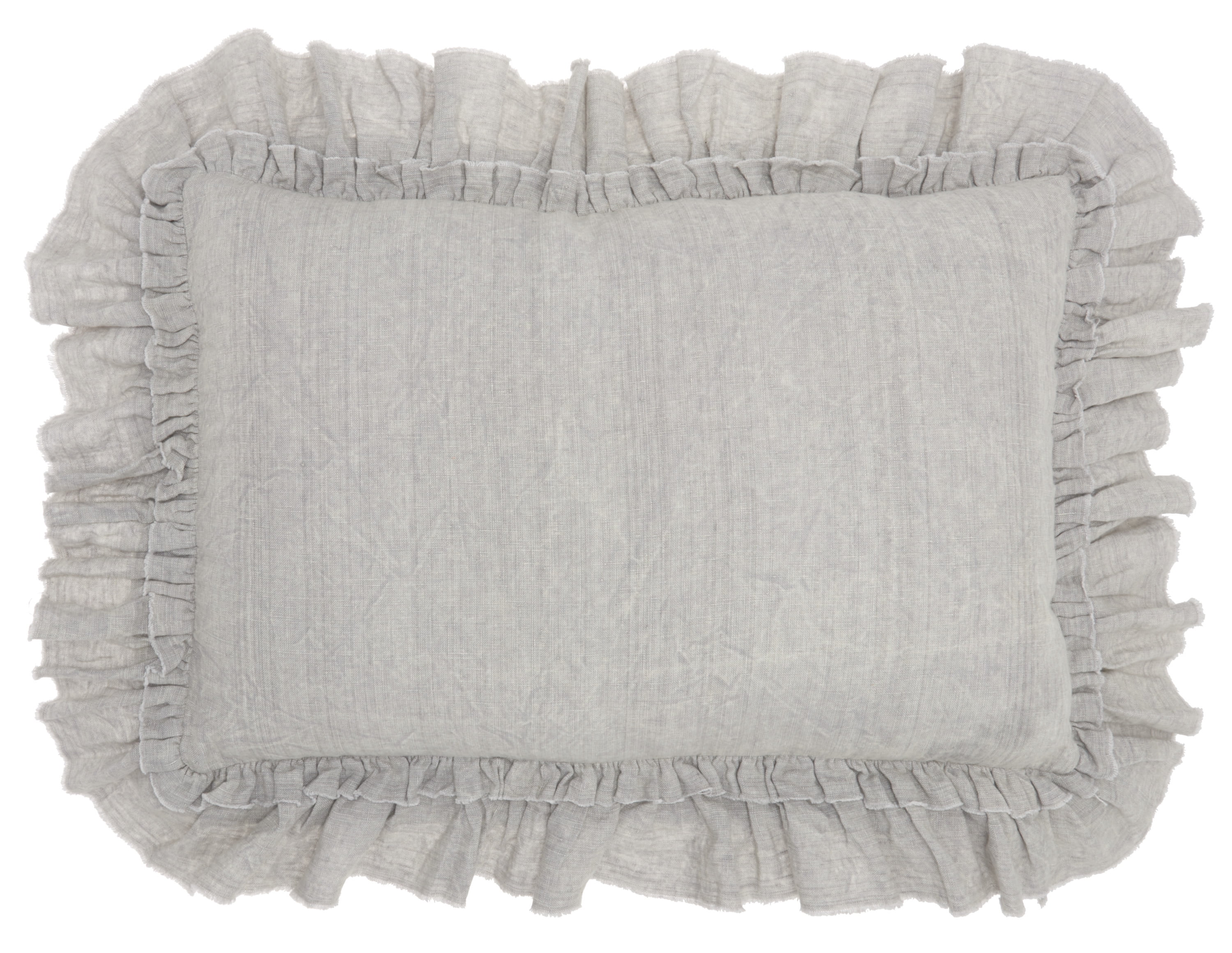 Gray Linen Rectangular Throw Pillow with Frilled Border