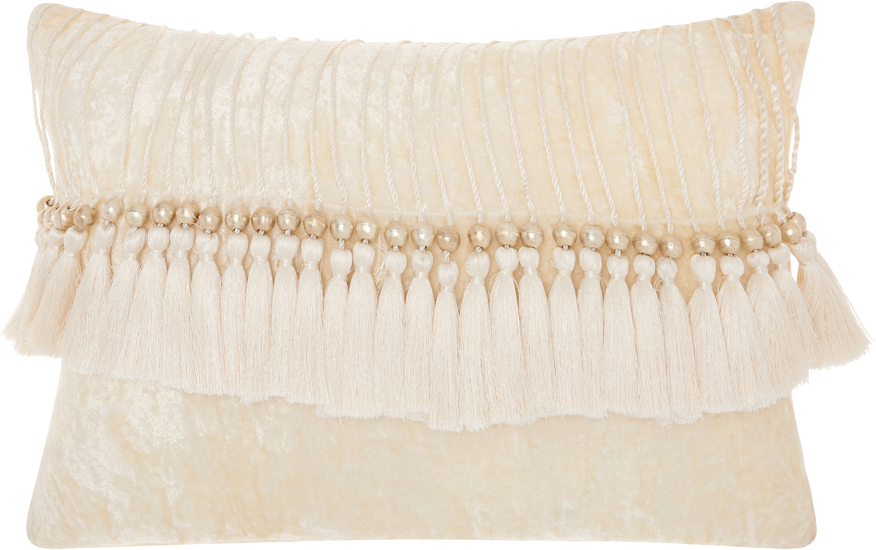 Ivory Velvet Rectangular Throw Pillow with Tassels 14" x 20"