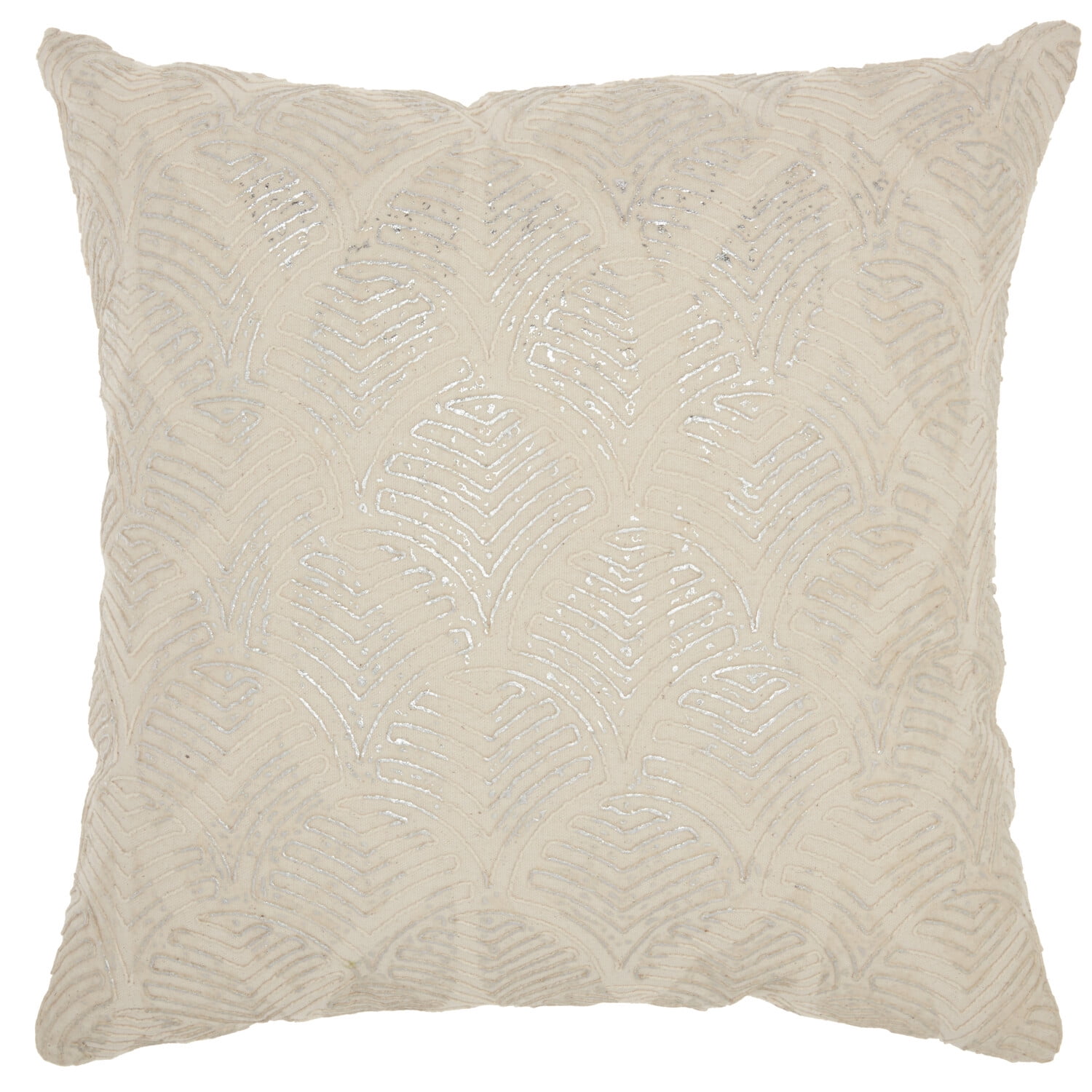 Ivory and Silver Embroidered Cotton Square Throw Pillow