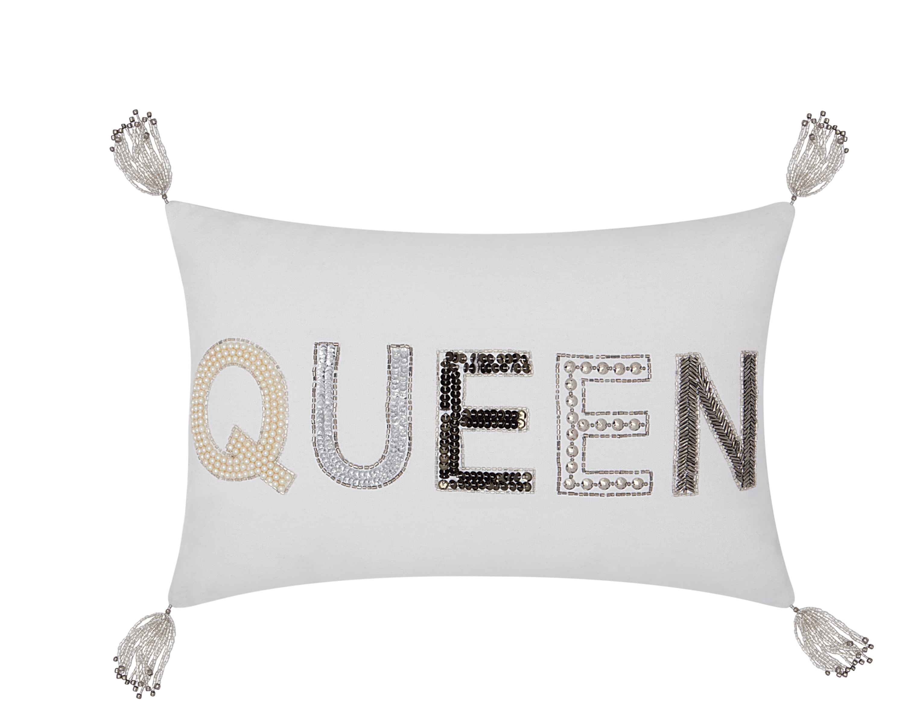 White Embroidered Cotton Kids Throw Pillow with Beaded Queen Design