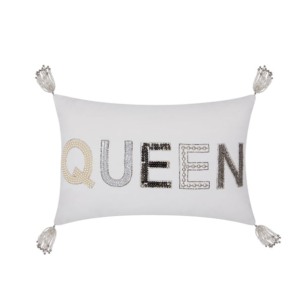 Nourison Luminecence Beaded "Queen" Decorative Throw Pillow, 12" x 18", White
