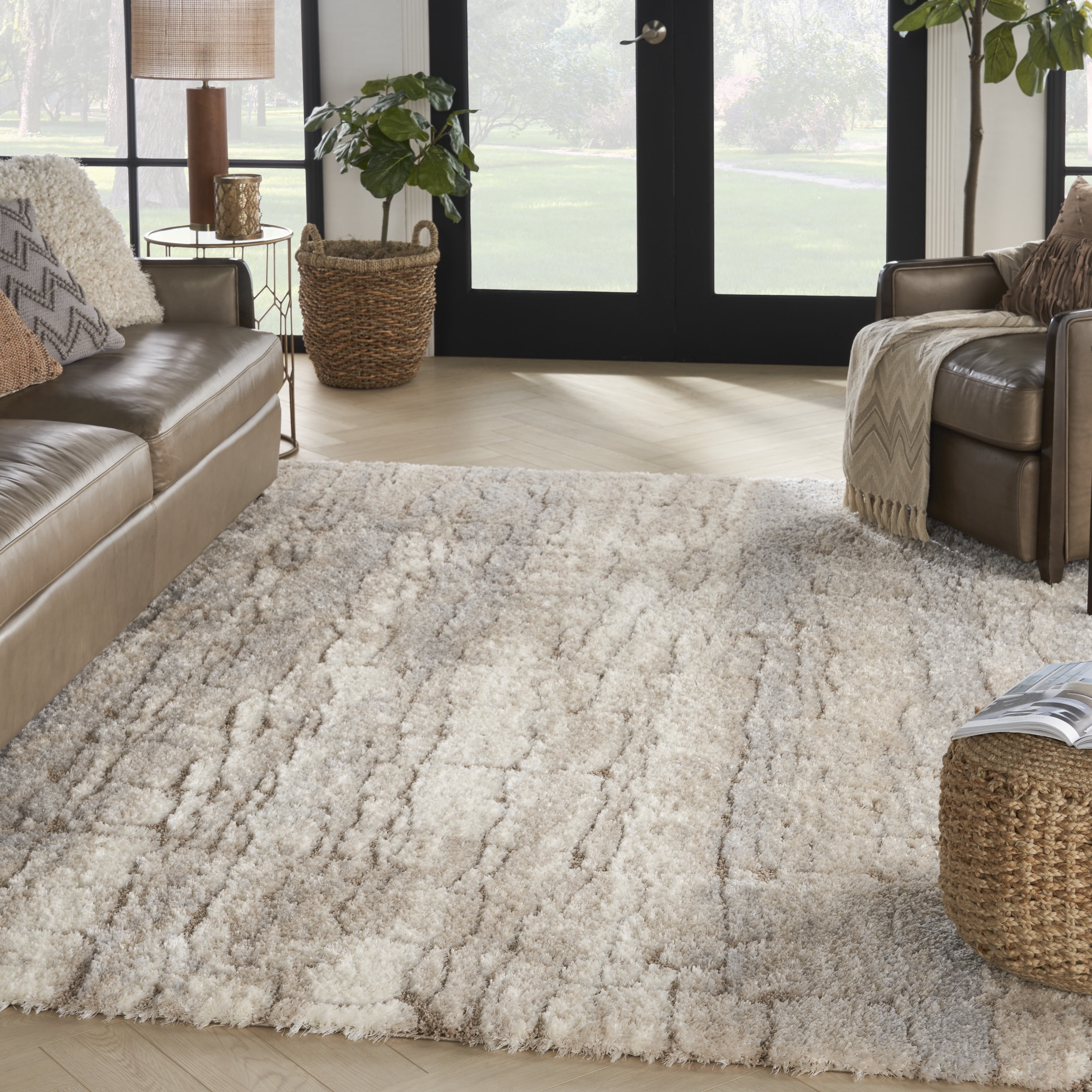 Luxurious Ivory Beige Abstract Shag Area Rug, 7'10" x 9'10"