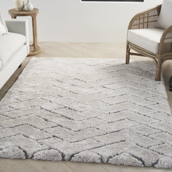 Nourison Luxurious Shag Modern Contemporary Ivory/Grey 5'3" x 7'3" Area Rug, (5' x 7')