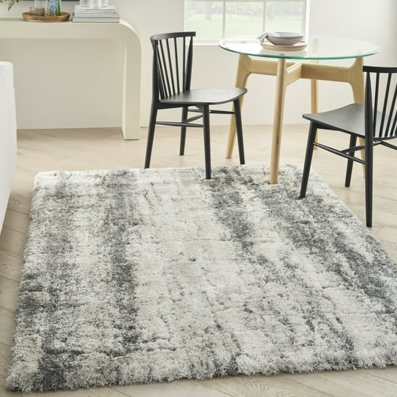 Nourison Luxurious Shag Modern Ivory/Charcoal 5'3" x 7'3" Area Rug, (5' x 7')