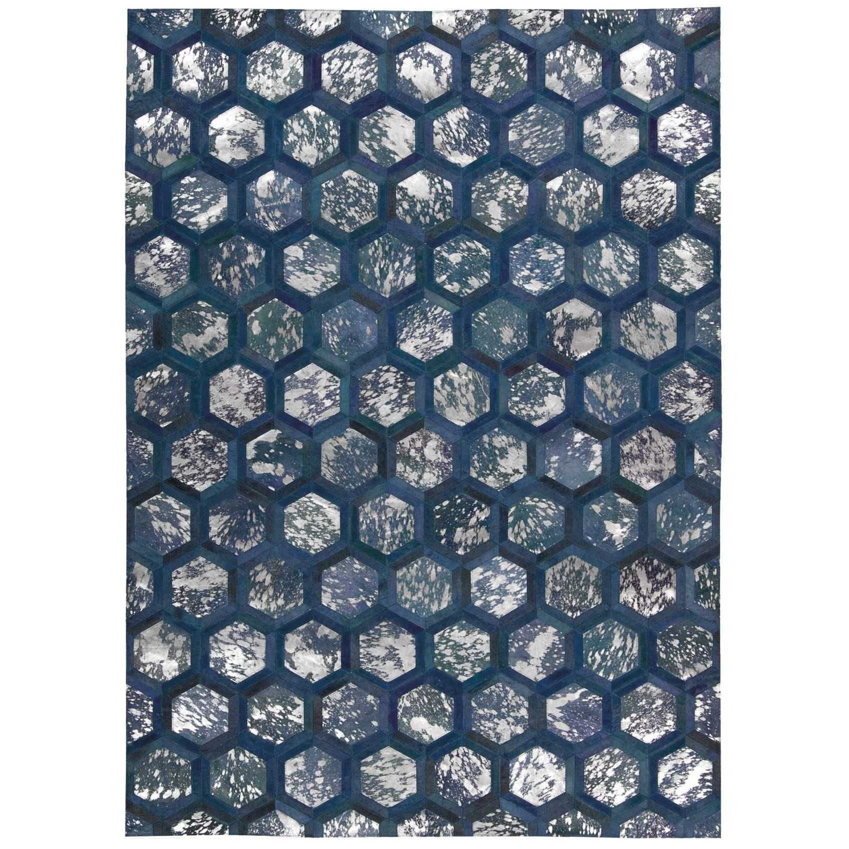 Cobalt Geometric Cowhide 8' x 10' Handmade Area Rug