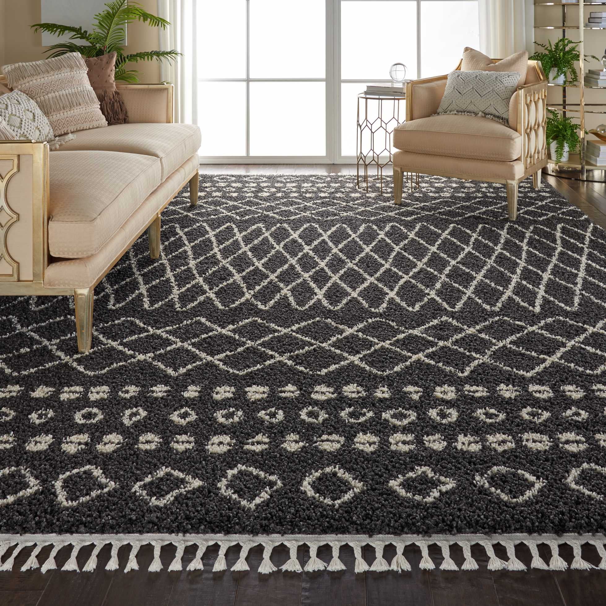 Charcoal and Cream Hand-Knotted Synthetic Shag Area Rug, 7'10" x 10'6"