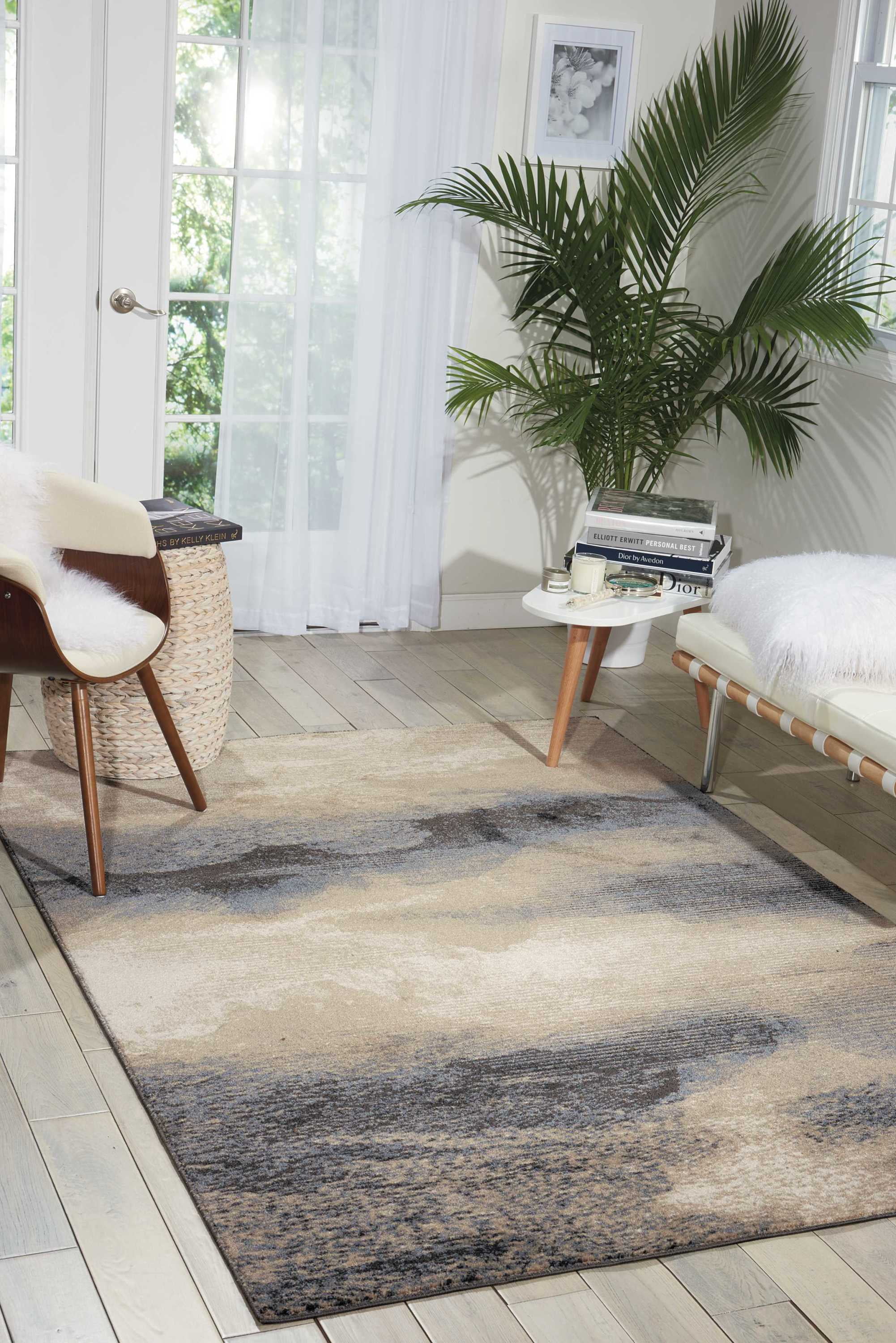 Gray and Beige Abstract Synthetic Rectangular Area Rug