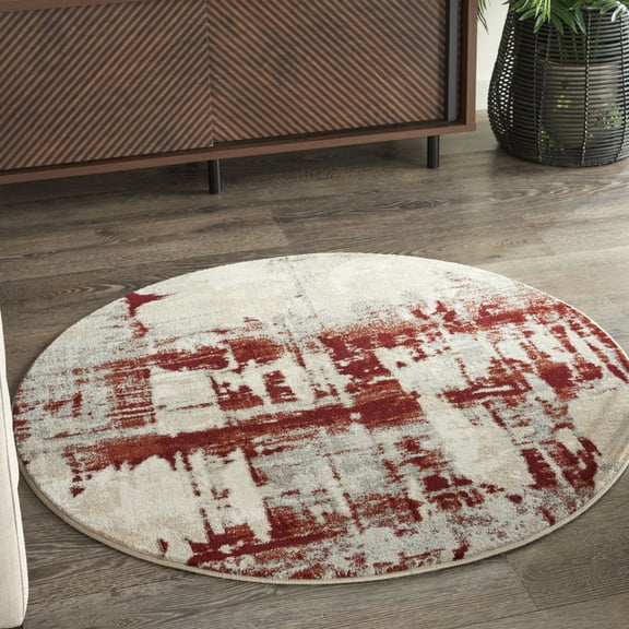 Nourison Maxell Abstract Ivory/Red 3'10" x ROUND Area Rug, (4 Round)