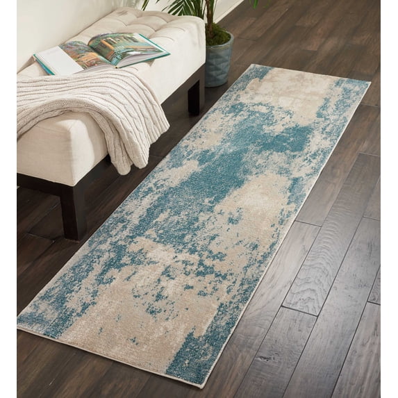 Nourison Maxell Abstract Ivory/Teal 2'2" x 7'6" Area Rug, (2x8)