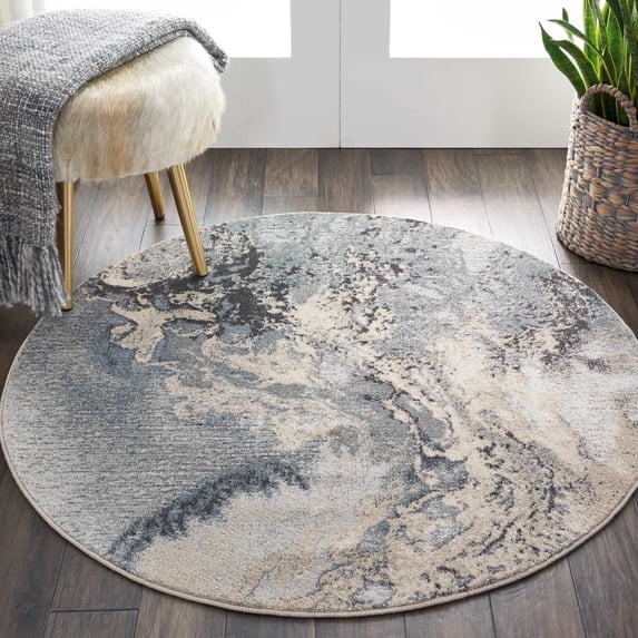 Nourison Maxell Contemporary Abstract Grey 3'10" x ROUND Area Rug, Plush, Bedroom, Kitchen, Living Room, (4' Round)