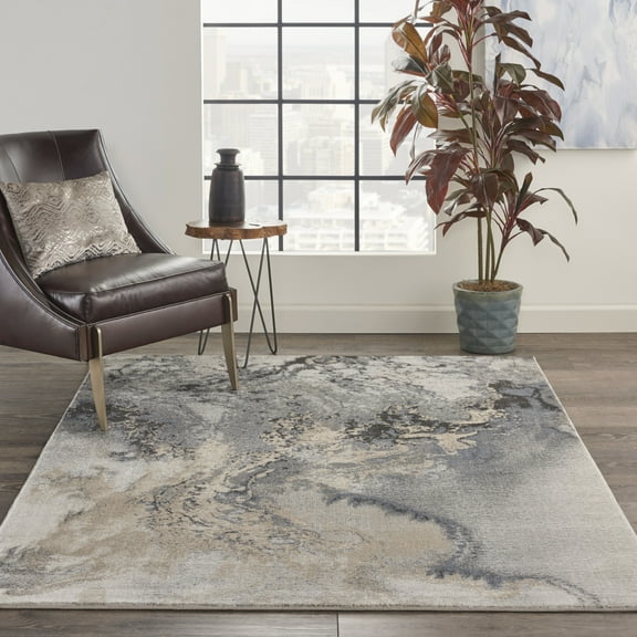 Nourison Maxell Contemporary Abstract Grey 6' x 9' Area Rug, Plush, Bedroom, Kitchen, Living Room