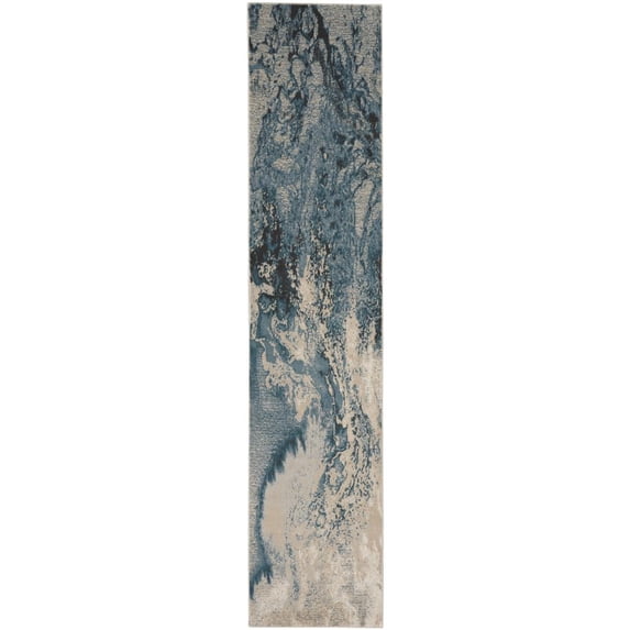 Nourison Maxell Contemporary Abstract Ivory/Teal 2'2" x 7'6" Area Rug, Plush, Bedroom, Kitchen, Living Room, (8' Runner)