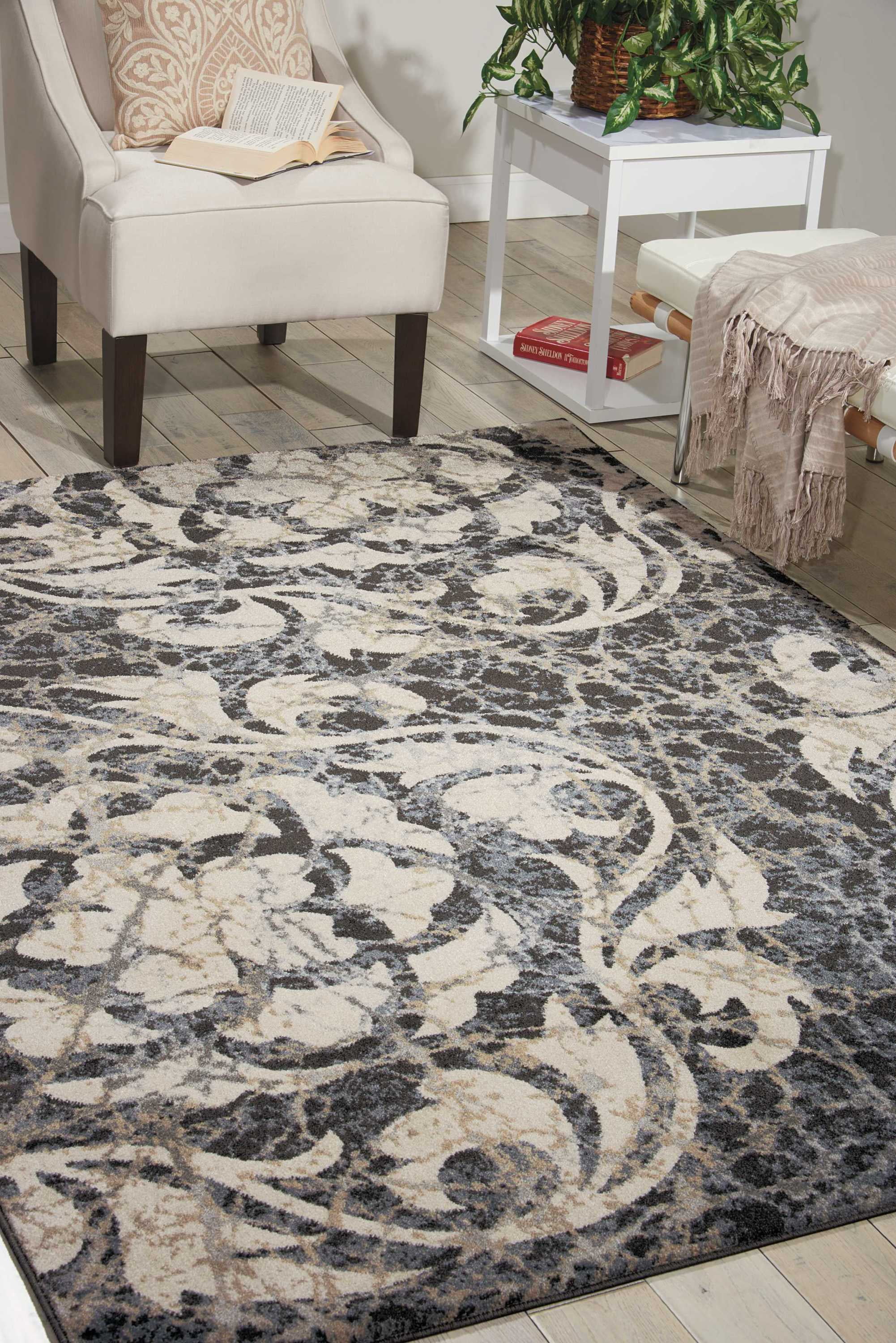 Elegant Ivory Floral Mosaic 5'3" x 7'3" Synthetic Area Rug