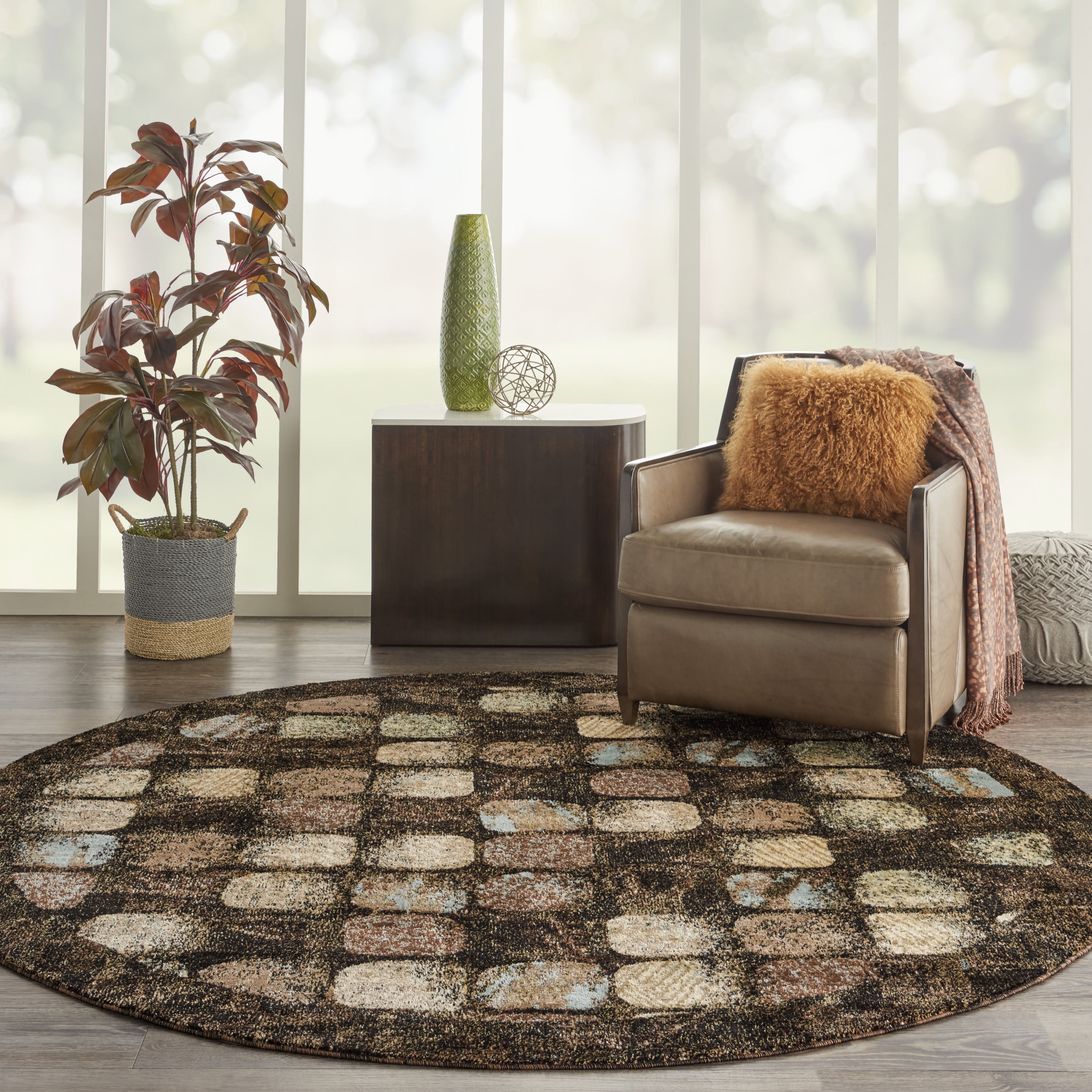 Charcoal Mosaic 94" Round Synthetic Hand-Knotted Rug