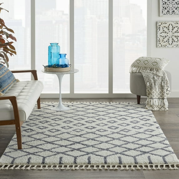 Nourison Moroccan Shag Geometric Area Rug White 5'3" x 7'11" 5' x 8' Indoor, Shag Silver, Off-White Rectangle