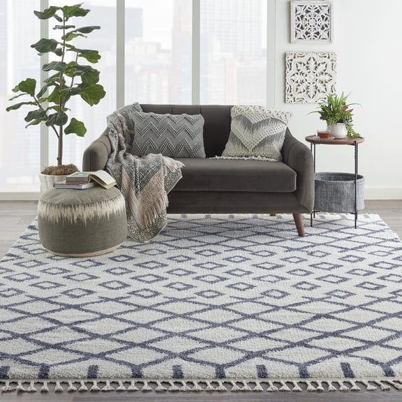 Nourison Moroccan Shag Geometric Area Rug White 7'10" x 10'6" 8' x 10' Indoor,Shag Silver,Off-White Rectangle
