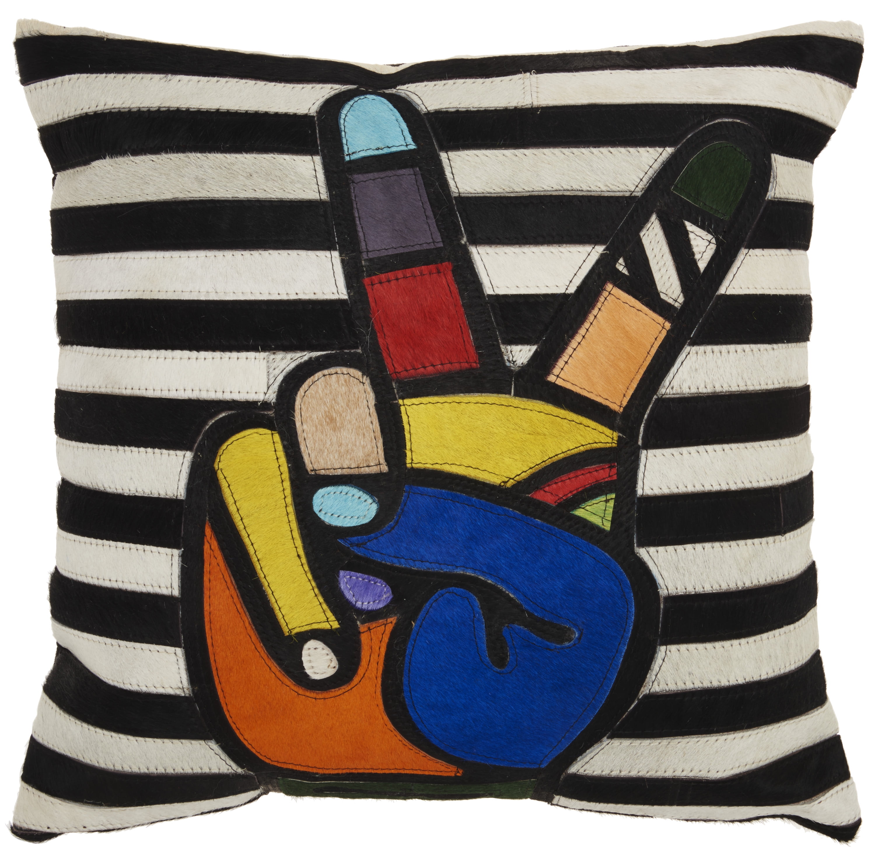 Multicolor Leather Patchwork Peace Hand 20" Throw Pillow