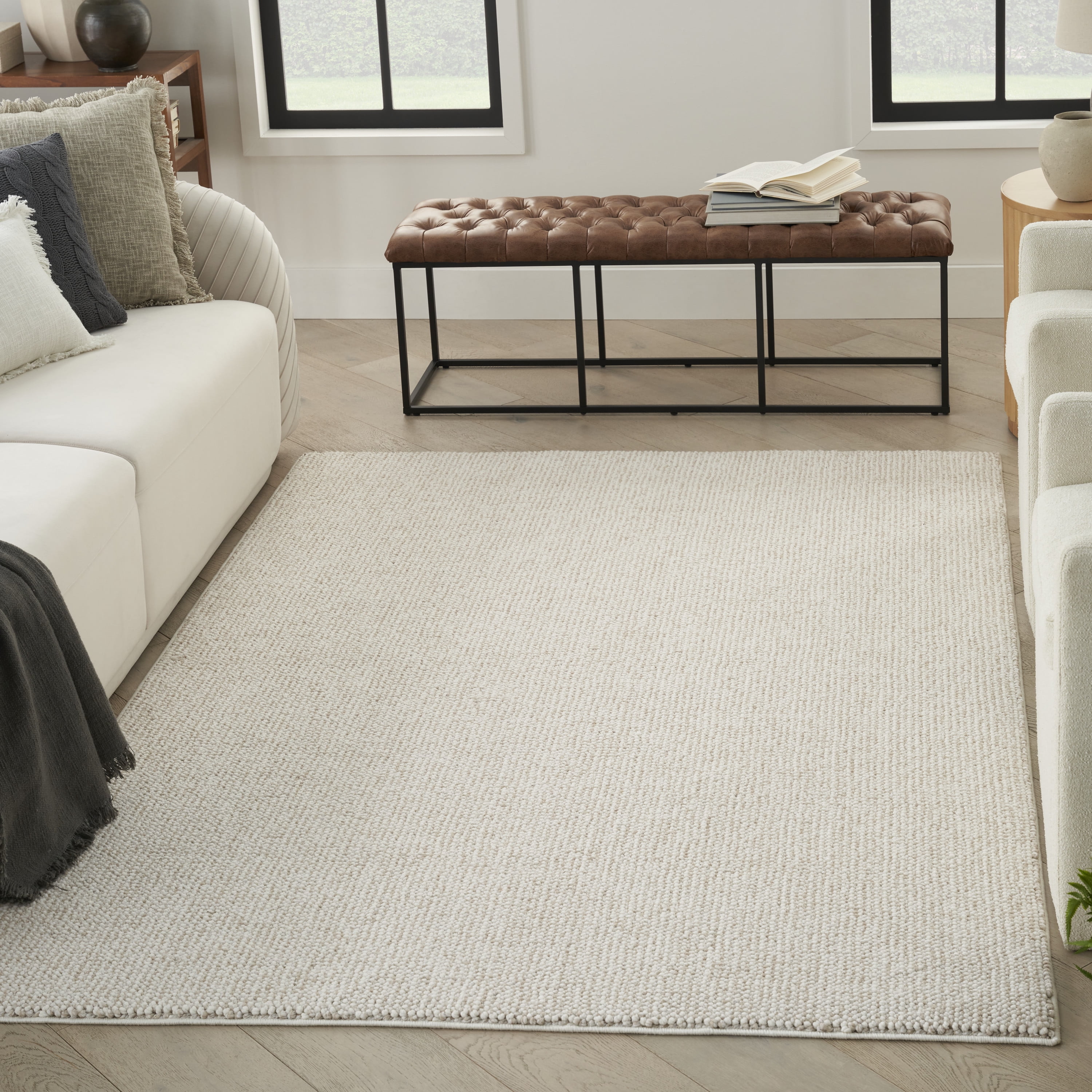 Ivory Beige Rectangular Synthetic Easy Care Area Rug 5'3" x 7'