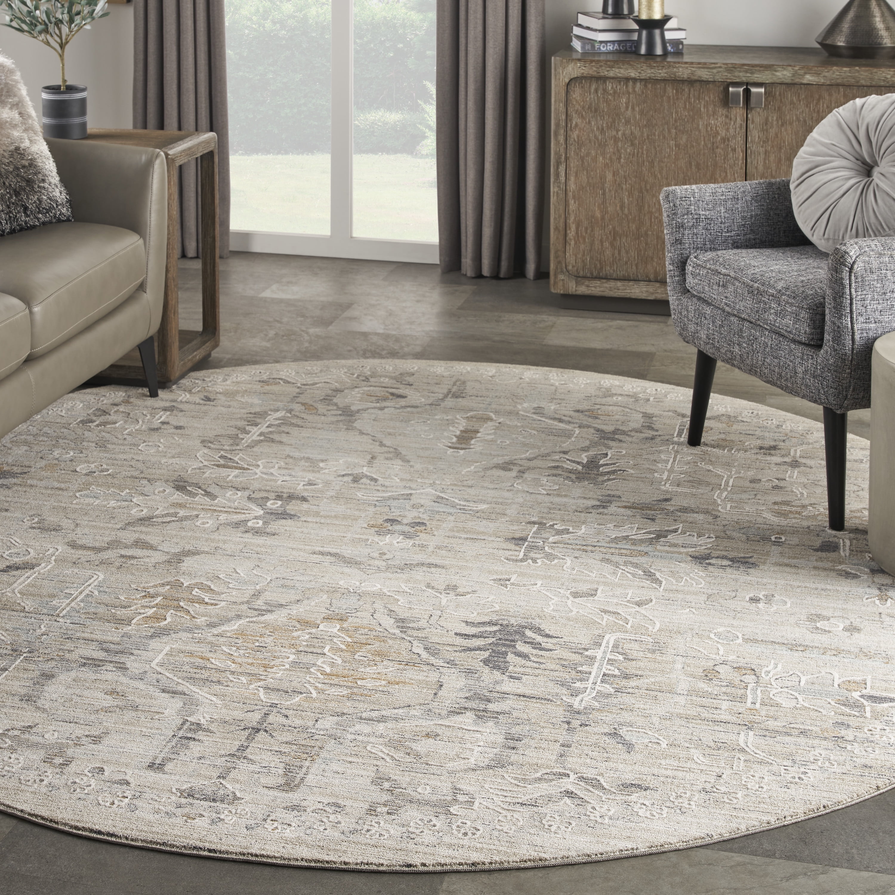Ivory Taupe Round Floral Synthetic Bohemian Rug