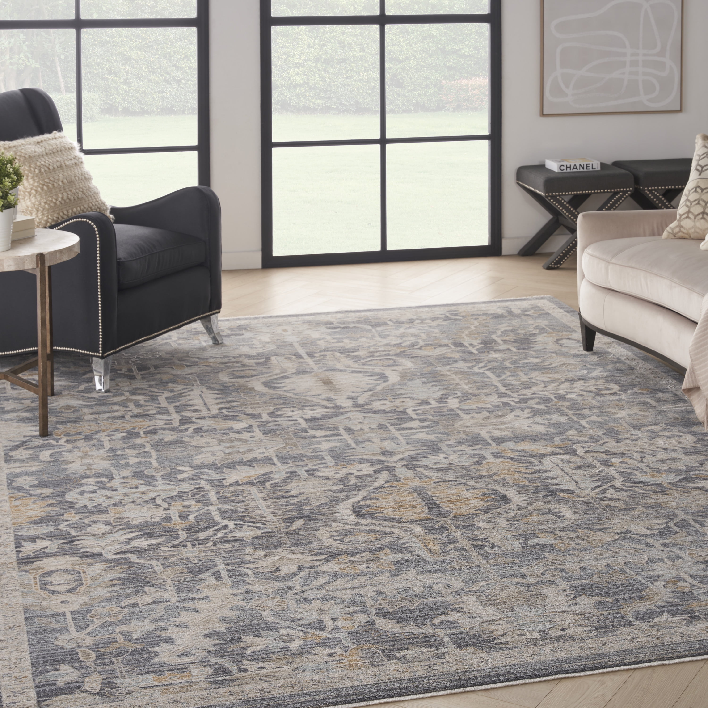 Navy Multicolor Synthetic Floral Rectangular Area Rug