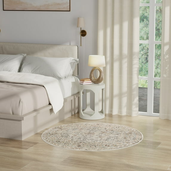 Nourison Oushak Home 4' x Round Light Grey Vintage Indoor Rug