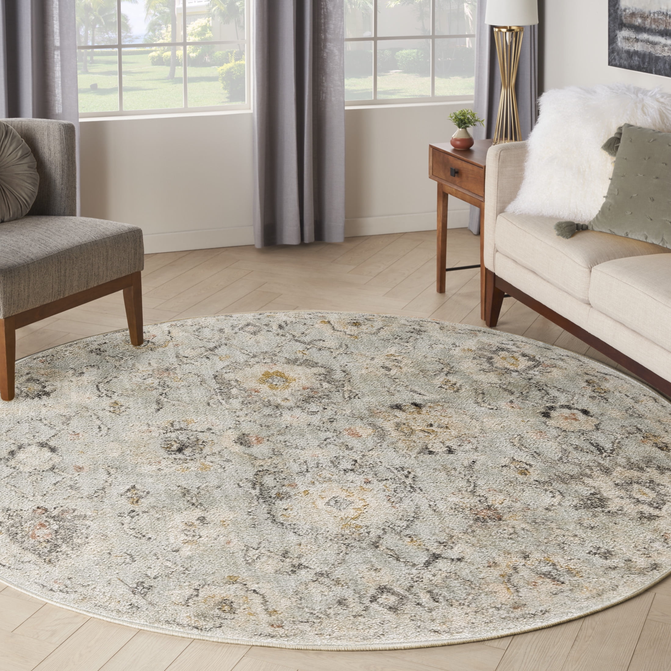 Mint Green Round Synthetic Floral Area Rug 7'10"