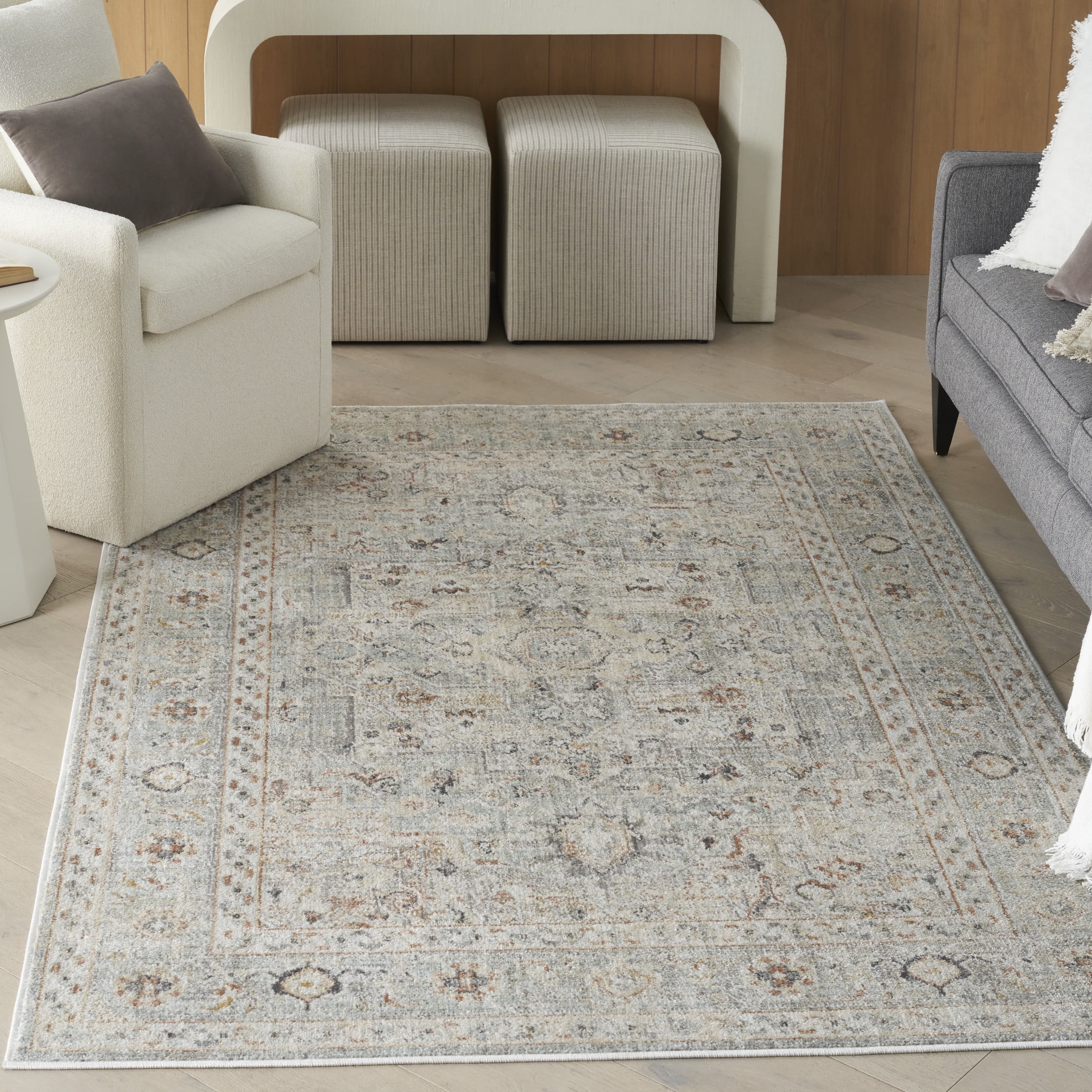 Light Grey Floral Synthetic Rectangular 5' x 7' Area Rug