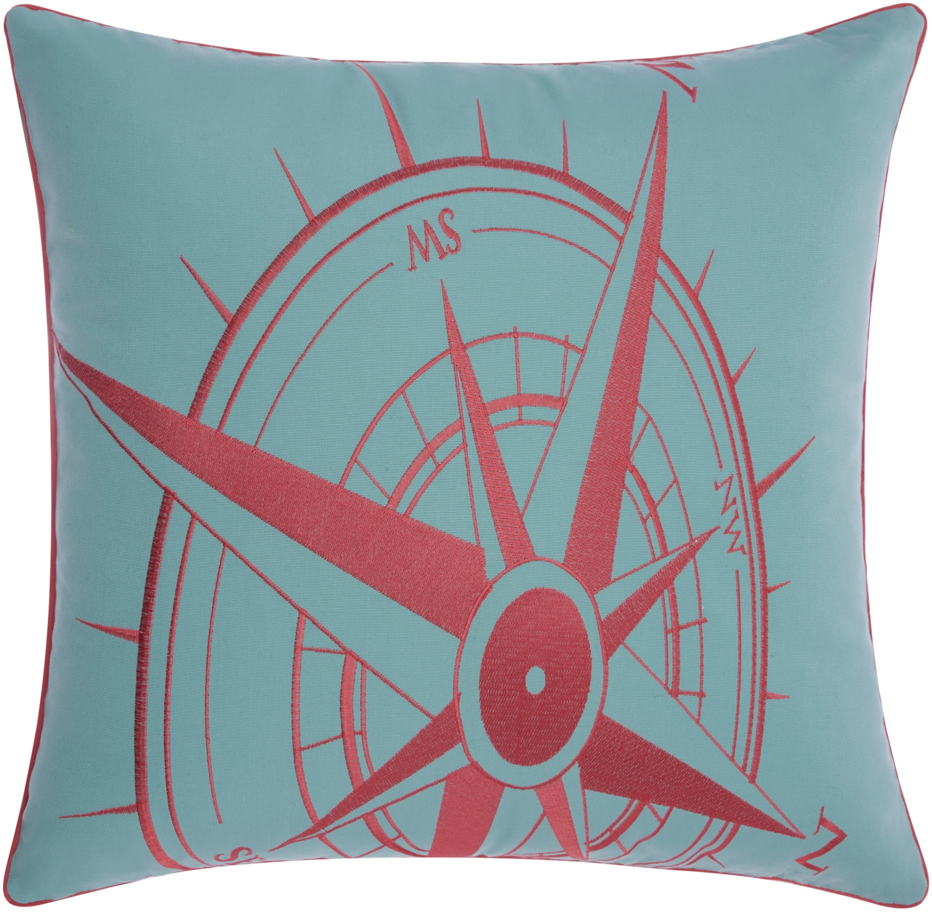 Aqua and Coral Embroidered Square Outdoor Throw Pillow