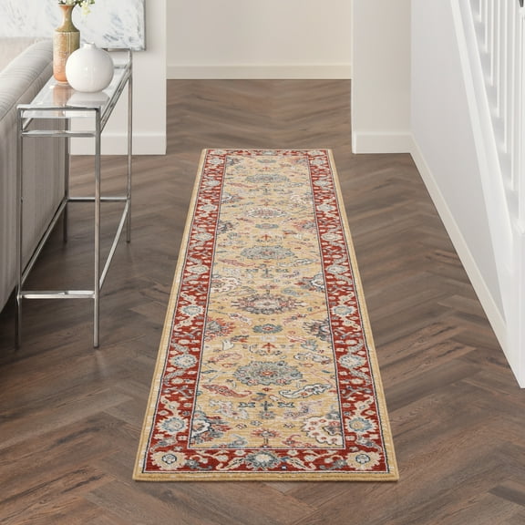 Nourison Parisa Bordered French Country Gold Brick 2'3" x 10' Area Rug, Plush, Bedroom, Kitchen, Living Room