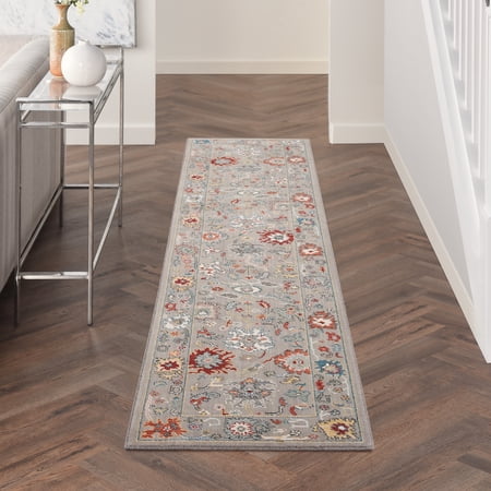 Nourison Parisa Floral French Country Grey 2'3" x 10' Area Rug, Plush, Bedroom, Kitchen, Living Room
