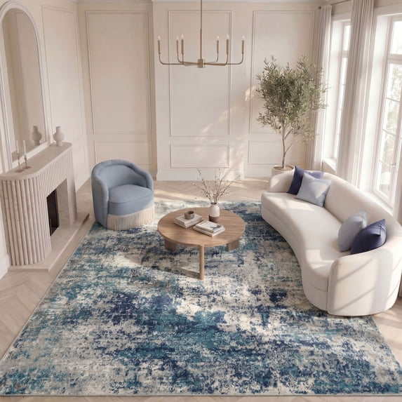 Nourison Passion Modern Painterly Indoor Area Rug Ivory Teal 8' x 10'