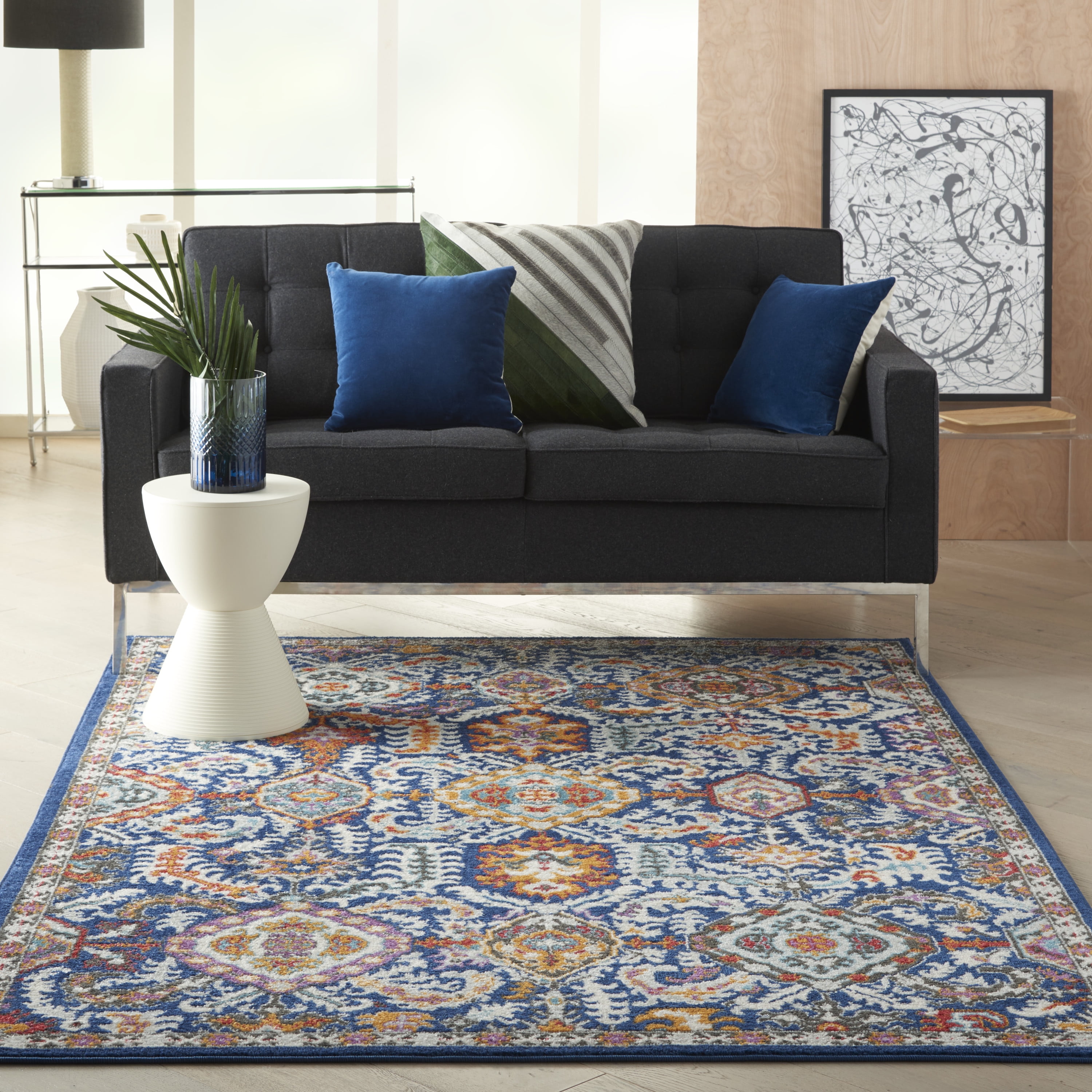 Hand-Knotted Denim Floral Synthetic 4' x 6' Easy-Care Rug