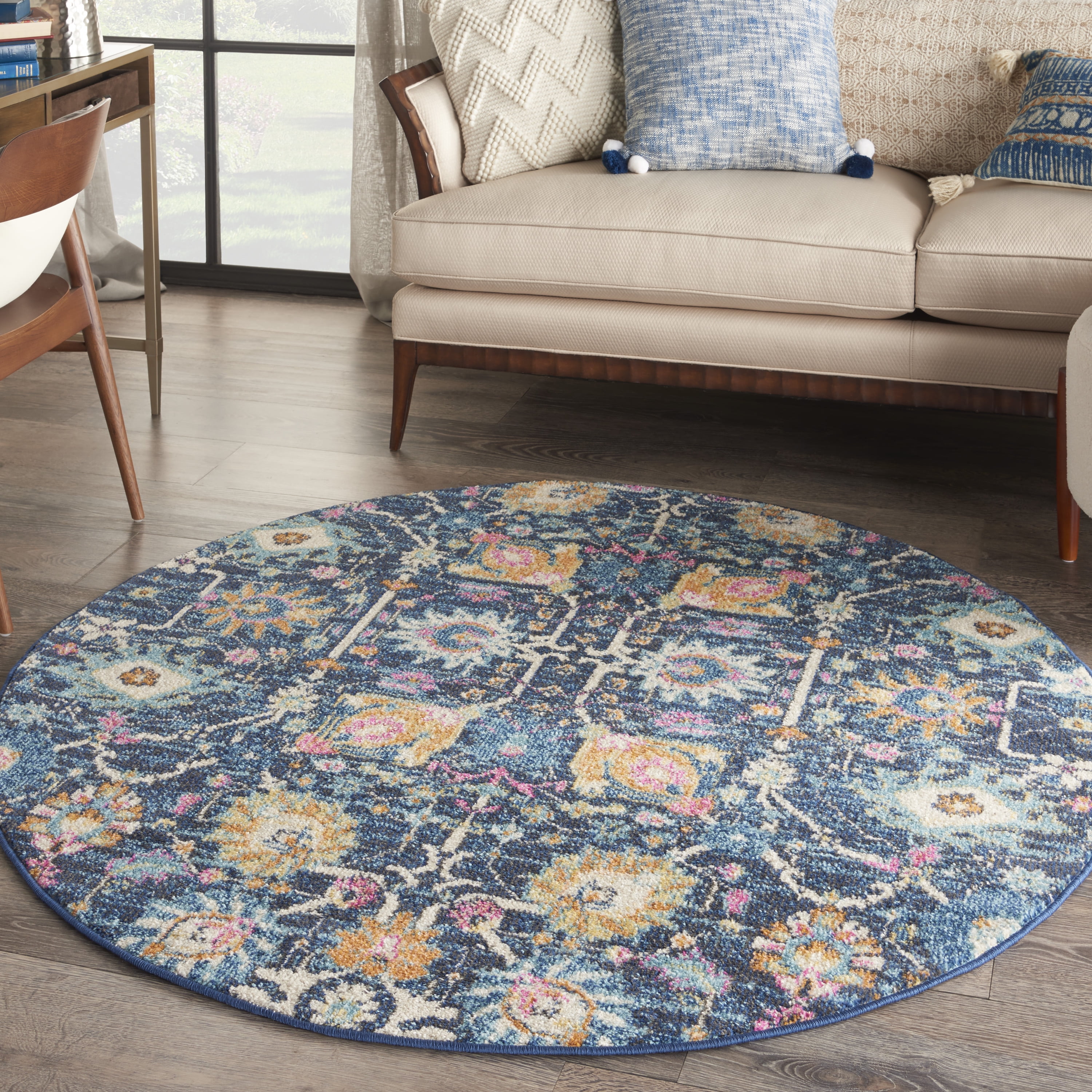 Bohemian Navy Floral Round Synthetic Area Rug - 5'3"