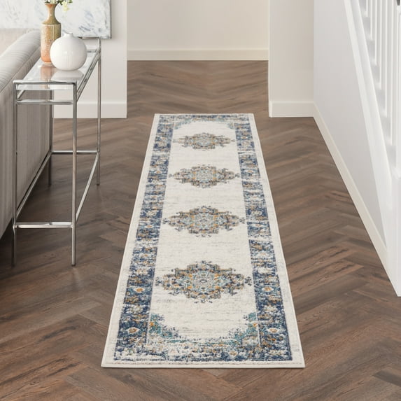 Nourison Passion Bordered Ivory/Grey/Blue 2'2" x 10' Area Rug (2x10)