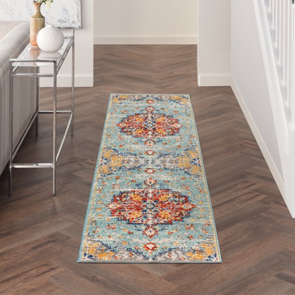 Nourison Passion Center medallion Aqua Multicolor 2'2" x 7'6" Area Rug (2x9)