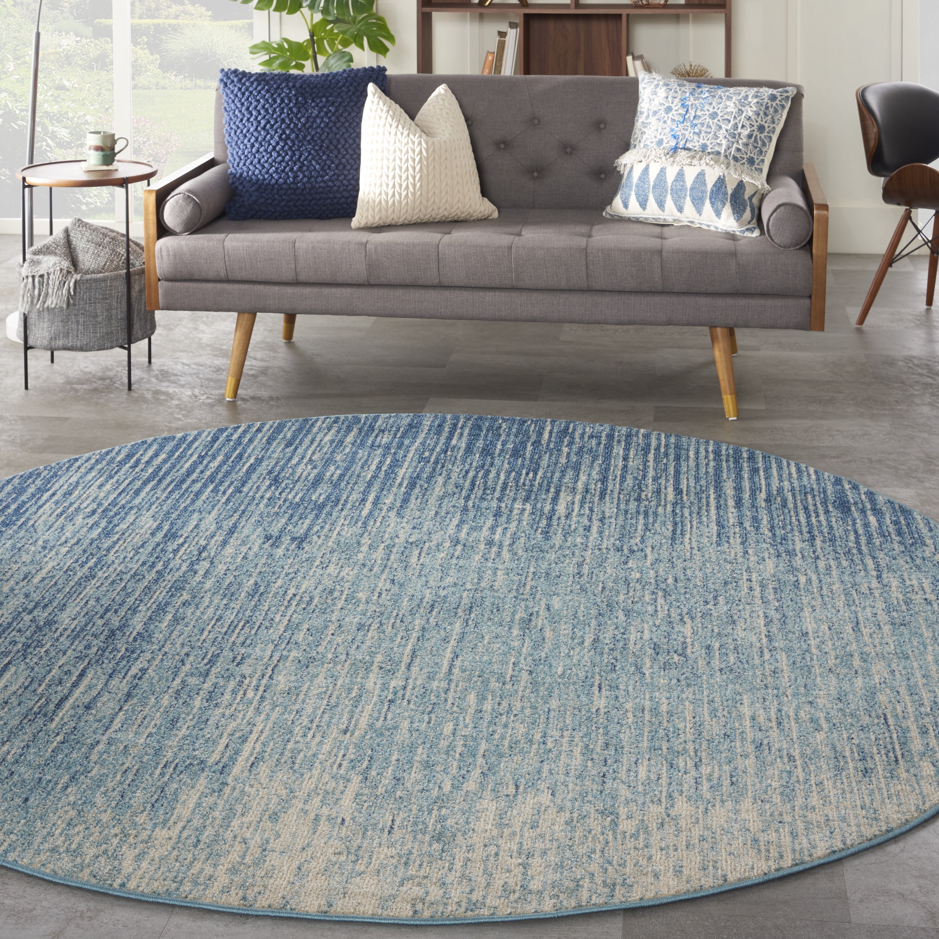 Round Blue Geometric Synthetic Easy Care Rug, 8 ft