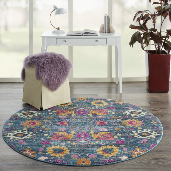 Nourison Passion Denim 4' x Round Area Rug, Boho, Moroccan, Bed Room, Living Room, Dining Room, Kitchen, , Easy Cleaning, Non Shedding (4' Round)