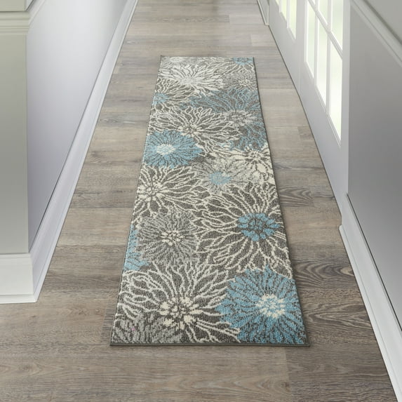Nourison Passion Floral Charcoal/Blue 2'2" x 7'6" Area Rug, (2x8)