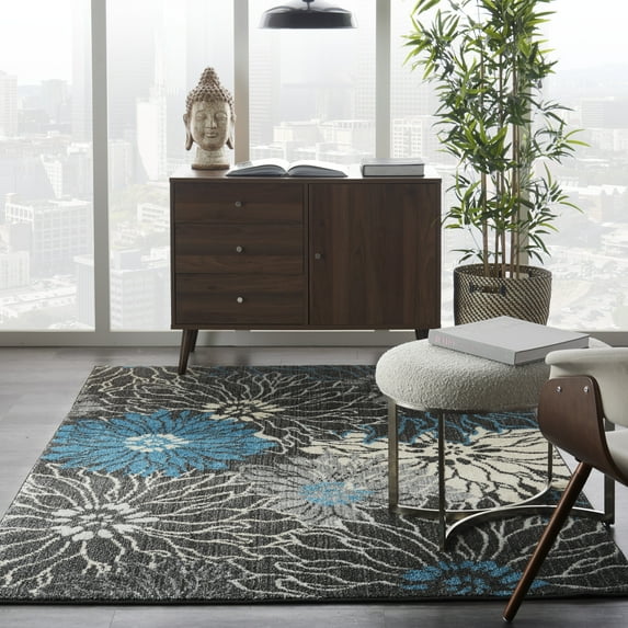 Nourison Passion Floral Charcoal/Blue 5'3" x 7'3" Area Rug, (5x7)
