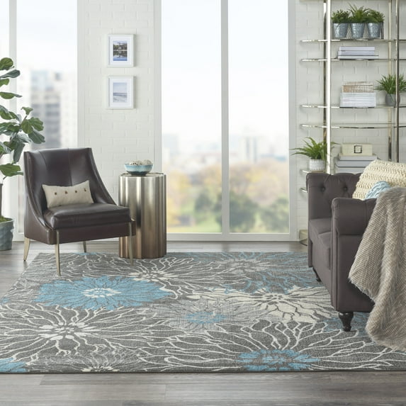Nourison Passion Floral Charcoal/Blue 6'7" x 9'6" Area Rug, (7x10)