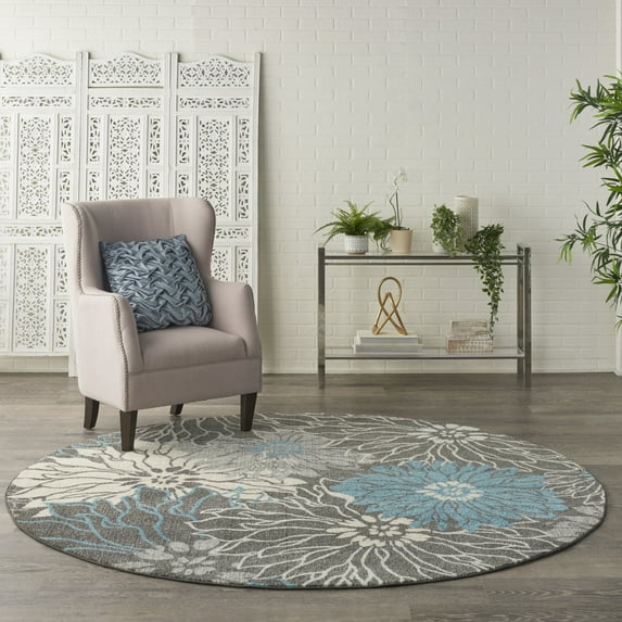 Nourison Passion Floral Charcoal/Blue 8' ROUND Area Rug, (8 Round)